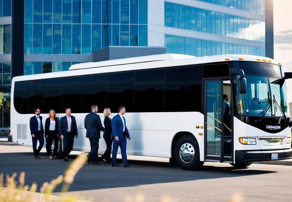 A charter bus parked in front of a modern office building in downtown Denver, with corporate professionals boarding the bus for a group outing