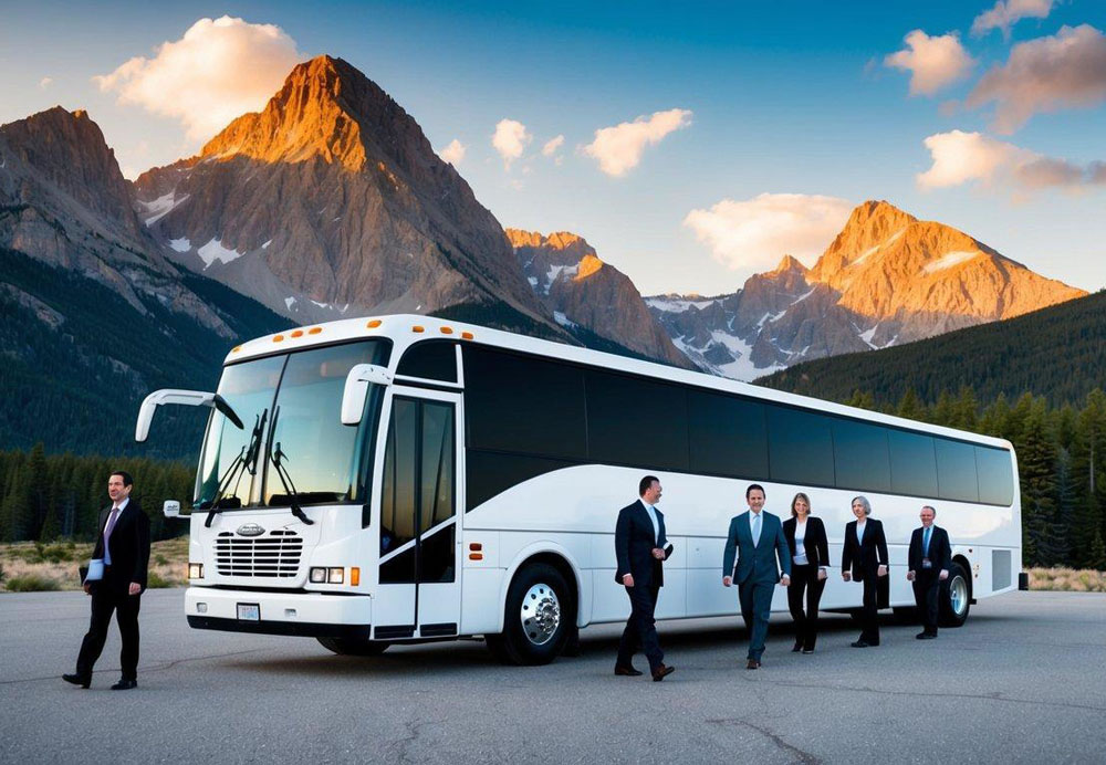 A charter bus parked in front of the Rocky Mountains, with a group of corporate professionals boarding