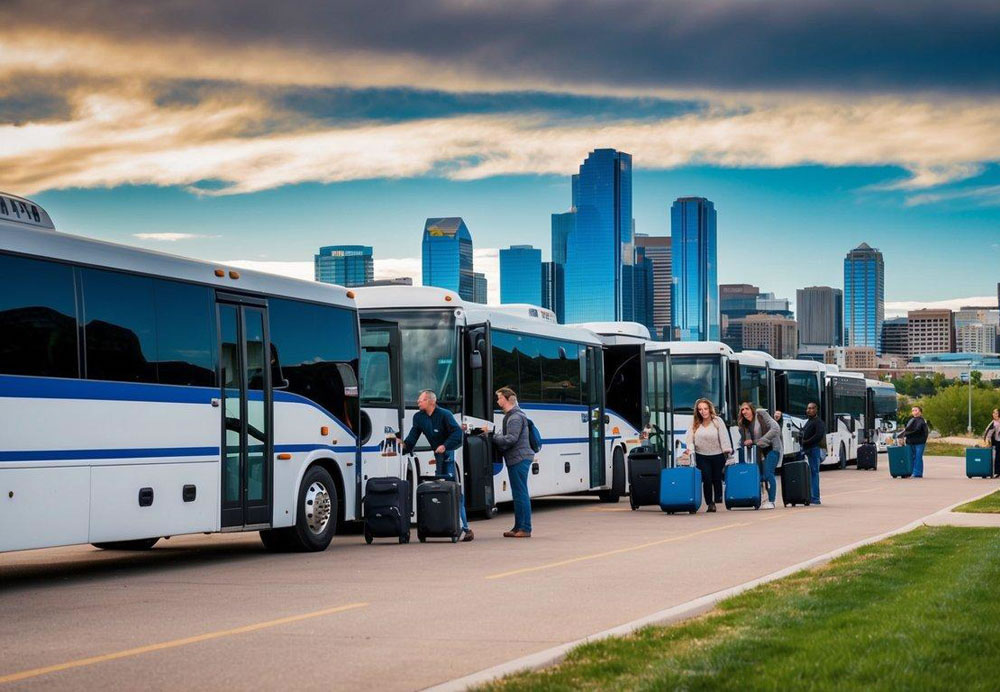 A line of charter buses parked in front of a Denver, Colorado skyline, with people boarding and unloading luggage