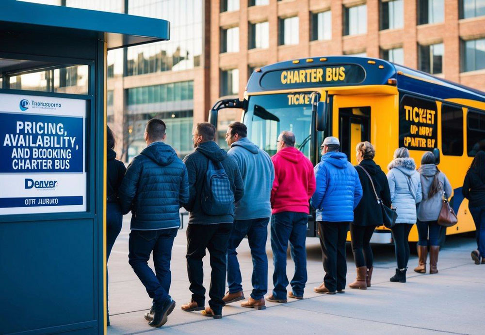 A group of people lining up to board a charter bus in front of a ticket booth with a sign displaying "Pricing, Availability, and Booking Your Charter Bus" in Denver, Colorado