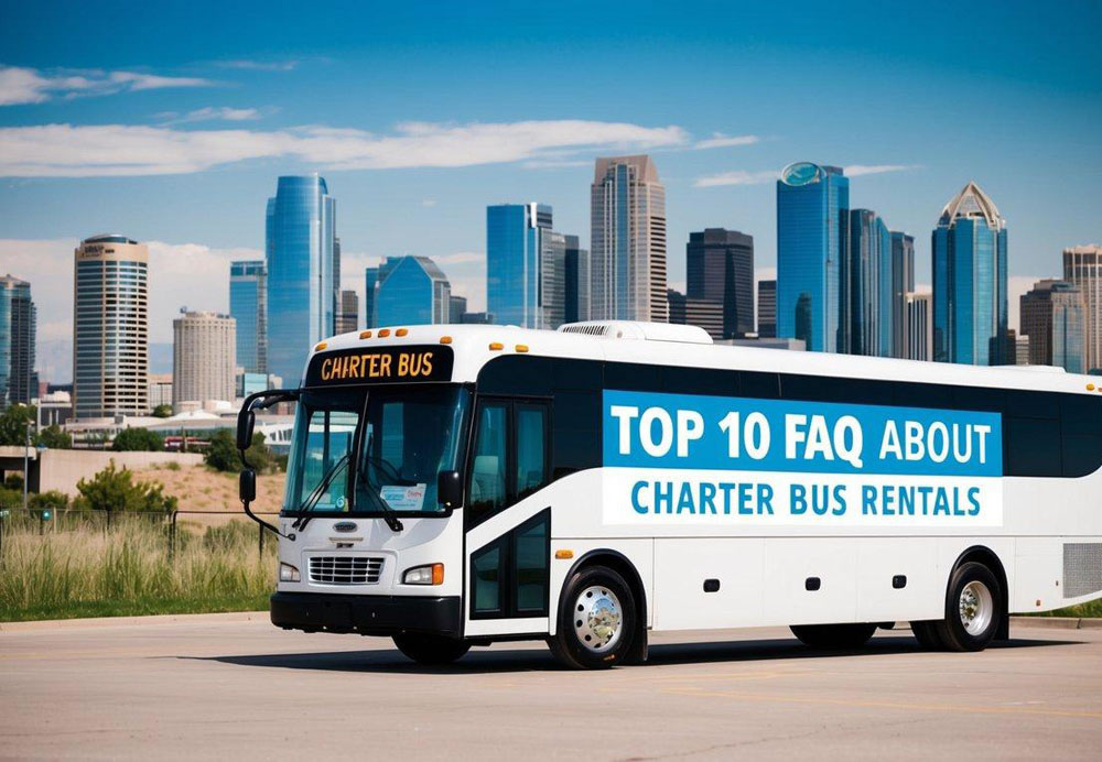A charter bus parked in front of the Denver skyline, with a sign displaying "Top 10 FAQ About Charter Bus Rentals" on the side of the bus