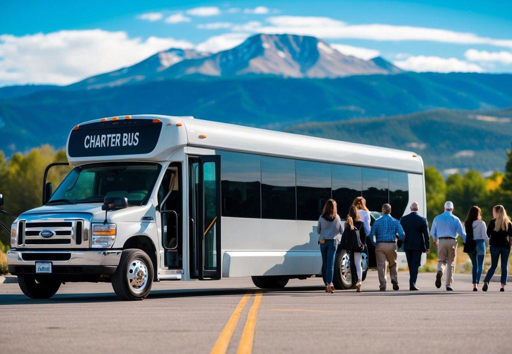 A charter bus parked in front of a scenic mountain backdrop, with a group of people boarding the bus for an event or destination in Denver, Colorado